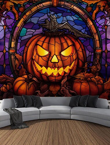  ハロウィーンの飾りタペストリー ジャック・オー・ランタン カボチャの装飾 壁アート 大きな吊り下げタペストリー 壁画装飾 写真背景 ブランケット カーテン 自宅 寝室 リビングルーム ステンドグラス コウモリ