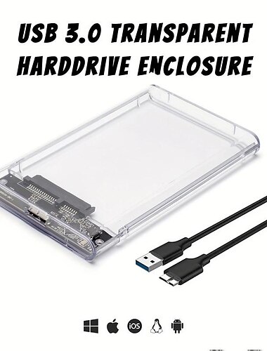  Festplattengehäuse 2,5 USB 3.0 SATA-Gehäuse transparenter externer Caddy HDD SSD