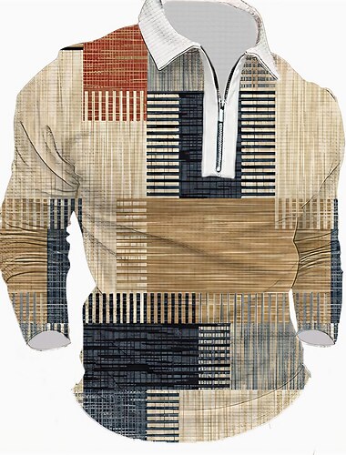  Pánské Proužky Grafické tisky Geometrie Waffle Polo košile Polokošile Lapel Polo Polo na zip Golfová košile Dlouhý rukáv Košile Přehnutý Venkovní ulice Vodní modrá Trávová zelená Khaki Šedá Zip Tisk