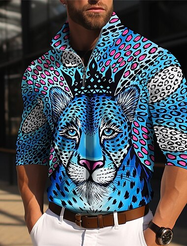  Miesten Eläin Leopardi Pitkähihainen Poolopaidat Vetoketju Vapaa-aika ulko- Rento / arki Katuvaatteet 3D Painettu Syystalvi Keltainen Tumma vaaleanpunainen Sininen