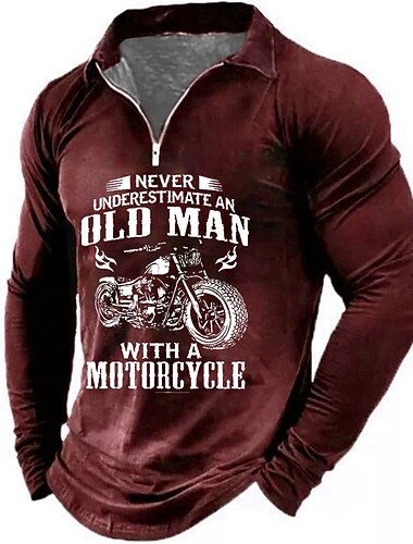  Camiseta Gráfica de Manga Longa Masculina para Motociclistas 'Nunca Subestime um Velho com uma Motocicleta'