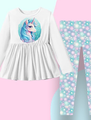  Mädchen 3D Graphic Karikatur Einhorn T-Shirt & Hose Kleider-Set Kleidungsset Langarm 3D-Druck Frühling Herbst Winter Aktiv Modisch Täglich kinderkleidung 3-12 Jahre Outdoor Urlaub Verabredung Regular