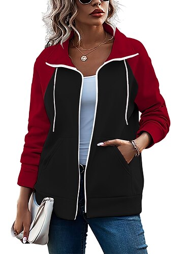  Damen Farbblock Basic Langarm Kapuzenpullover Normale Oberteile Strasse Casual Reißverschluss Vordertasche Weiß Rosa Rote Grün Armeegrün Herbst Winter
