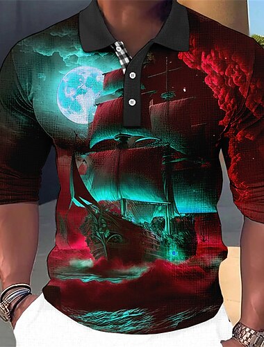  Voor heren Spookpiratenschip Poloshirts Golfshirt Lange mouw Poloshirt Overhemden met kraag Vintage Casual Vakantiekleding Bootkleding Feestoutfits 3D-afdrukken Knop Rood Marine Blauw blauw