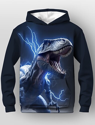  Drenge 3D Grafisk Dyr Dinosaurus Hattetrøje Langærmet 3D-udskrivning Sommer Forår Efterår Sport Mode Gade Børn 3-12 år udendørs Afslappet Daglig Regulær