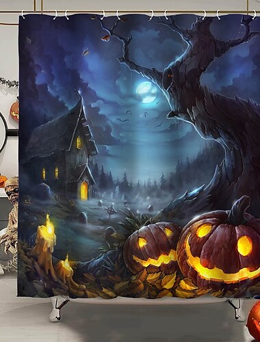 Halloween-Horror-Duschvorhang mit Haken, Flamingo-Badezimmer-Dekor, wasserfester Stoff-Duschvorhang-Set mit 12 Kunststoff-Haken, Skelett, Kürbis, Hexe