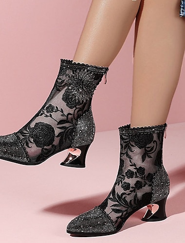  Women's Boots Winter Boots Booties Ankle Boots Outdoor Daily Walking Booties Ankle Boots Winter Rhinestone Embroidery Flower Block Heel Closed Toe Fashion Elegant Sexy Satin Solid Color Black White