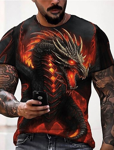  動物 ドラゴン デザイナー カジュアル 男性用 3Dプリント Tシャツ グラフィックTシャツ アウトドア 日常 バケーション Tシャツ ブルー オレンジ グリーン 半袖 クルーネック シャツ 春夏 衣類 S M L XL 2XL 3XL