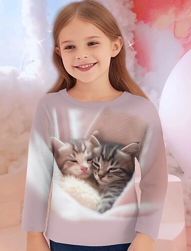  Mädchen 3D Graphic Karikatur Katze T-Shirt Langarm 3D-Druck Sommer Herbst Aktiv Modisch Kuschelig kinderkleidung 3-12 Jahre Outdoor Casual Täglich Regular Fit