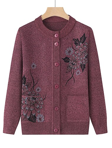  Mujer Chaqueta de Punto Cuello Barco Estriado Tejer Polyester Botón Bolsillo Otoño Invierno Exterior Festivos Noche Elegante Casual Suave Manga Larga Floral Granate Verde Hierba Cuero Rosa XL 2XL 3XL