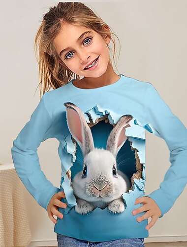  Mädchen 3D Karikatur Hase T-Shirt Langarm 3D-Druck Sommer Herbst Aktiv Modisch Kuschelig Polyester kinderkleidung 3-12 Jahre Outdoor Casual Täglich Regular Fit