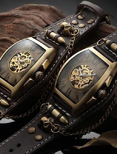  Coole automatische mechanische Analoguhr im Herrenstil, Dampfpunk, Rock, Gothic, Lederarmband, schwarzes Braun, Kugel, hohlgeschnitztes Design
