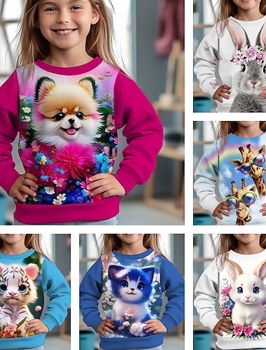  Jente 3D Grafisk Tegneserie Katt Genser Langermet 3D-utskrift Sommer Høst Mote Gatemote Bedårende Barn 3-12 år utendørs Avslappet Daglig Normal