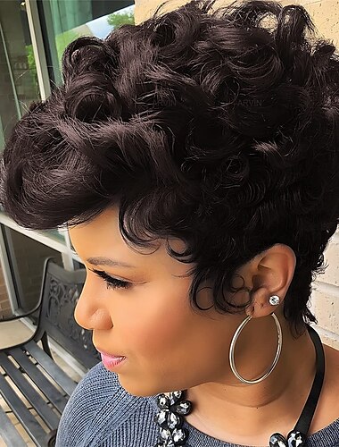  Pelucas sintéticas Rizado Corte Pixie Hecho a Máquina Peluca Corta A1 A12 A13 A14 A15 Pelo sintético Mujer Cosplay Suave Fiesta Rojo Negro Morado