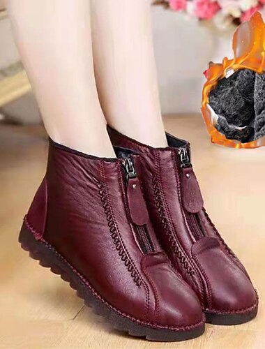  Women's Boots Snow Boots Plus Size Winter Boots Outdoor Daily Solid Color Fleece Lined Booties Ankle Boots Winter Zipper Flat Heel Round Toe Fashion Plush Casual PU Zipper Black Red
