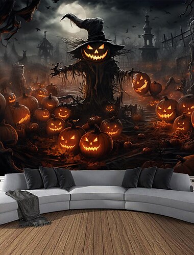  halloween koristeet kuvakudos jack o lyhty kurpitsa sisustus seinä taide iso roikkuu kuvakudos seinämaalaus valokuva tausta peitto verho koti makuuhuone olohuone variksenpelätin kummitus talo