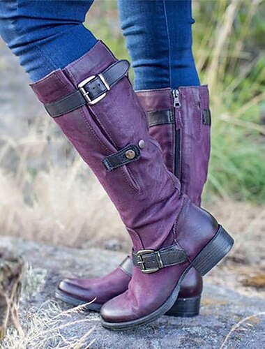  Damen Stiefel Bikerstiefel Slouchy-Stiefel Übergrössen Outdoor Täglich Feste Farbe Stiefel mit mittlerer Wade Winter Blockabsatz Flacher Absatz Runde Zehe Vintage Brautkleider schlicht Minimalismus