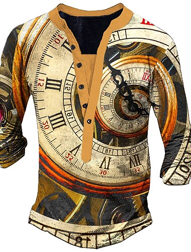  Herren Grafikdrucke Uhr Henley Hemd Grafischen T-Shirt Vintage-Shirt Langarm 3D-Druck Mode Basic Lässig Outdoor Urlaub Täglich Frühling & Herbst Dunkelbraun Braun Dunkelgray Henley Henley T-Shirt