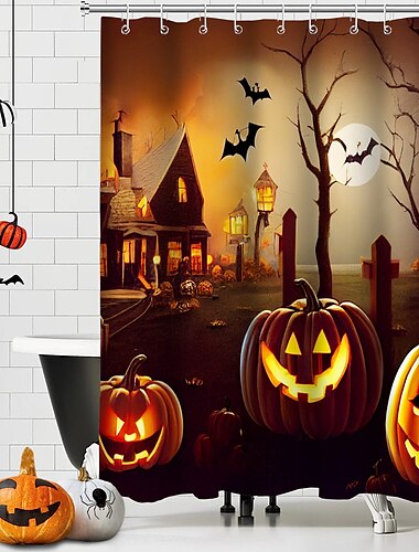  Halloween-Horror-Duschvorhang mit Haken, Halloween-Badezimmer-Dekor, wasserfester Stoff-Duschvorhang-Set mit 12 Kunststoff-Haken, Skelett-Kürbis-Hexe
