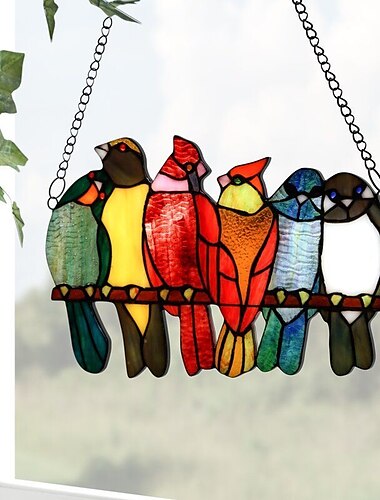 gebeizte Fensterbehänge, dekorative 9 Vögel auf einem Draht-Buntglas, handgefertigte gebeizte Fensterscheibe, Geschenkidee für Geburtstag, Ostern, Weihnachten oder andere Anlässe