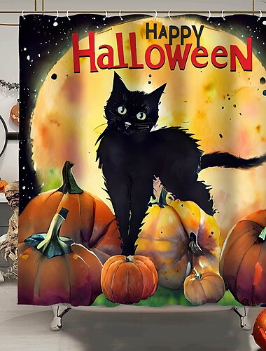  Halloween-Horror-Duschvorhang mit Haken, Halloween-Badezimmer-Dekor, wasserfester Stoff-Duschvorhang-Set mit 12 Kunststoff-Haken, Skelett-Kürbis-Hexe