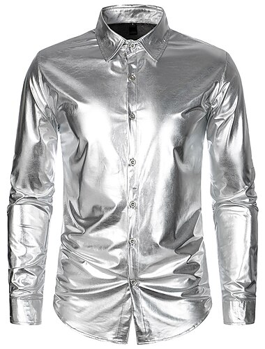  Retro Vintage 1980er Glänzend Metallisch Hemd Disco Einfarbig Umlegekragen Herren Karnevalskostüm Karneval Leistung Club Pride Parade Erwachsene Hemd Ganzjahres