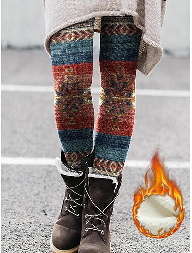  Kvinnors leggings byxor mode etnisk hel längd geometrisk tryck termisk värme mage kontroll rumpa lyft hög elastisitet avslappnad vardag röd smal