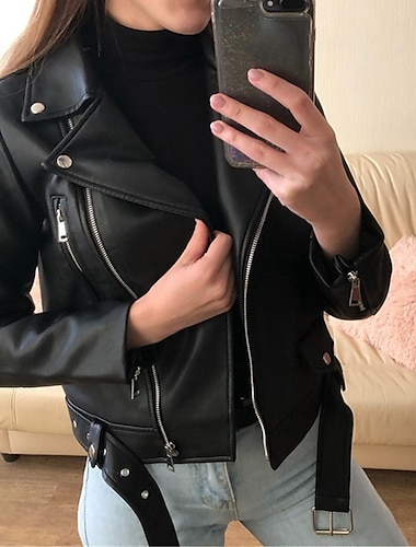  giacca da donna in ecopelle giacca da moto full zip cappotto da motociclista impermeabile streetwear vestibilità regolare capispalla con cintura manica lunga autunno nero