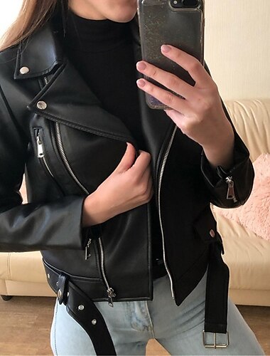  Veste en simili cuir pour femme veste de moto à fermeture éclair complète manteau de motard imperméable streetwear coupe régulière vêtements d'extérieur avec ceinture manches longues automne noir