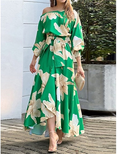  Robe longue à lacets à imprimé floral pour femme, asymétrique, robe maxi, vacances quotidiennes, manches longues, automne hiver