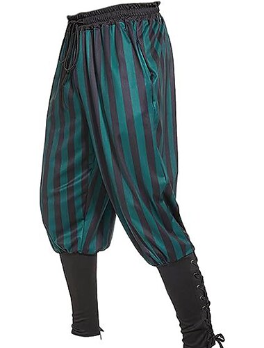 Retro Vintage Mittelalterlich 17. Jahrhundert Piratenhose Ren Faire Halskette Pirat Ritter Wikinger Kordelzug Streifen Herren Seeräuber Halloween Karneval LARP Renaissance-Messe Erwachsene Hose
