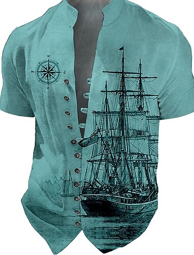  Voor heren Watersport Wijnoogst Zeilboot Overhemd Overhemd met knopen Korte mouw Modieus Streetwear Ontwerper Buiten Vakantie Dagelijks Zomer Lente Opstaand Afdrukken Blauw-Groen Zwart blauw Groen