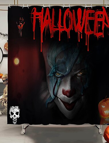  Halloween-Horror-Duschvorhang mit Haken, Halloween-Badezimmer-Dekor, wasserfester Stoff-Duschvorhang-Set mit 12 Kunststoff-Haken, Skelett, Kürbis, Hexe