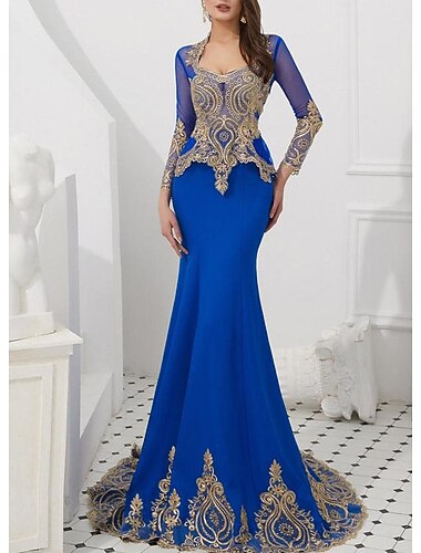  Havfrue Katedralen Train Ballkjole med kappe Kveldskjoler Formell kjole Årgang Glitrende Langermet Høyhalset Bryllupsgjest Halloween Sateng Tyll med Appliqué 2025