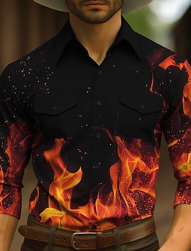  Per uomo Fiamma Camicia occidentale Camicia con bottoni Camicia da cowboy Manica lunga Vintage Occidentale Giornaliero Autunno inverno Collo ripiegabile Camicie con colletto Stampa 3D Tasca frontale