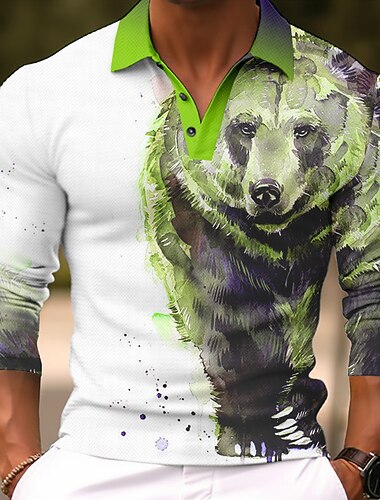  Męskie Niedźwiedź Koszulki polo Koszula golfowa Długi rękaw Koszulki polo Koszule z kołnierzykiem Codzienny Zabawny Streetwear Ubrania wakacyjne Stroje na imprezę Druk 3D Guziki Niebiesko-zielony