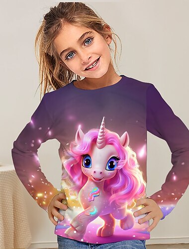  Mädchen 3D Karikatur Einhorn T-Shirt Langarm 3D-Druck Herbst Winter Aktiv Modisch Kuschelig kinderkleidung 3-12 Jahre 4-12 Jahre Outdoor Casual Täglich Regular Fit