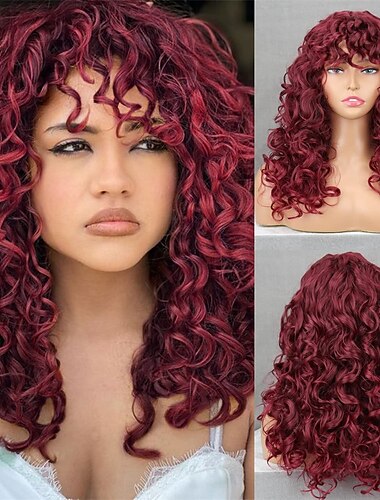  lunghe parrucche afro ricci rosse per donne nere parrucca da vino ondulata soffice con frangia parrucca riccia afro riccia grande rimbalzante per uso quotidiano