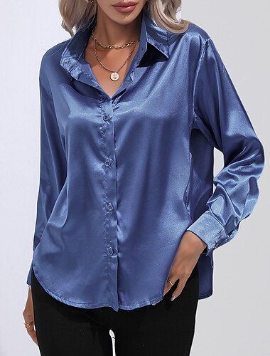  חולצה בגדי ריקוד נשים פול לבן חום צבע אחיד כפתורים יומי יומי בסיסי ניאון וברייט צווארון חולצה רגיל ז / מ