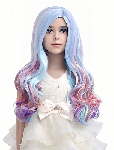  Pelucas de arcoíris para niños, peluca larga rizada y ondulada de colores, peluca multicolor para niñas, peluca sintética para fiesta de cosplay y carnaval con peluca