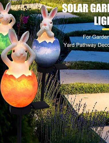  Luz de césped de huevo de conejo alimentada por energía solar, decoración de Pascua, lámpara de enchufe de tierra impermeable para exteriores, luces de decoración de paisaje de jardín y patio