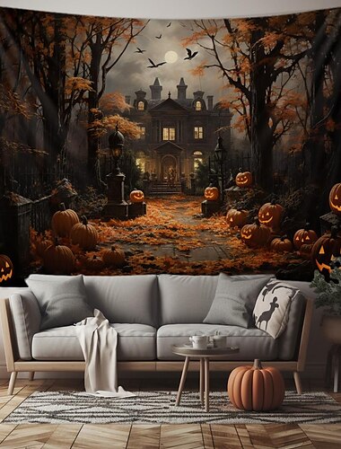  halloween koristeet kuvakudos jack o lyhty kurpitsa sisustus seinä taide iso roikkuu kuvakudos seinämaalaus valokuva tausta peitto verho koti makuuhuone olohuone lepakot kummitus talo hautausmaa
