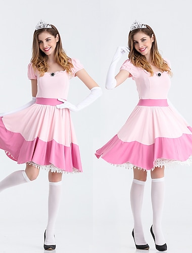  Prinzessin Peach Cosplay-Kostüm, 3-teilig, Super Bros.-Kleid, Tiara, Handschuhe, Erwachsenen-Damen-Outfits, sexy Kostüm, Halloween-Maskerade, einfache Halloween-Kostüme