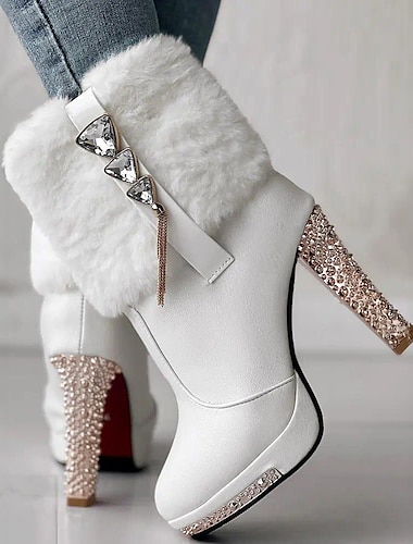  Women's Heels Boots Bling Bling Shoes Plus Size Sparkling Shoes Daily Solid Color Fleece Lined Booties Ankle Boots Winter Rhinestone Stiletto Heel Pointed Toe Elegant Fashion Minimalism Faux Fur PU