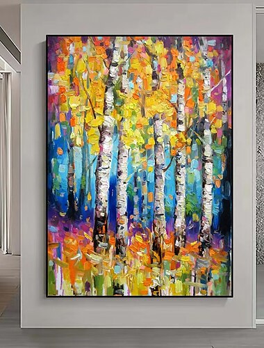  Pintura al óleo pintada a mano hecha a mano, arte de pared, pintura de bosque de abedul de primavera sobre lienzo, textura moderna, pintura de árbol verde, decoración, lienzo enrollado, sin marco, sin