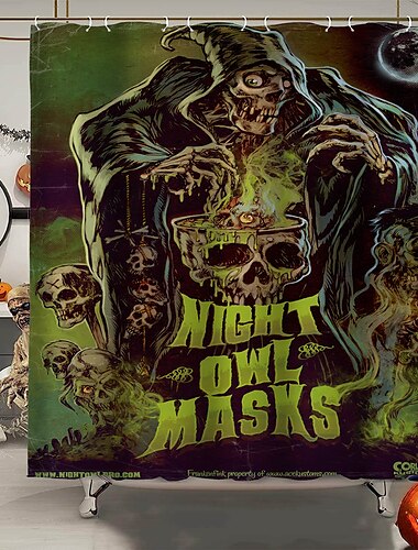  Halloween-Horror-Duschvorhang mit Haken, Halloween-Badezimmer-Dekor, wasserfester Stoff-Duschvorhang-Set mit 12 Kunststoff-Haken, Skelett-Kürbis-Hexe