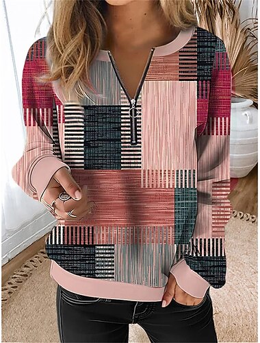  felpa con cerniera da donna felpa pullover plaid casual sportiva cerniera a un quarto basic mezza zip manica lunga top microelastico autunno&amp;tessuto morbido traspirante invernale confortevole