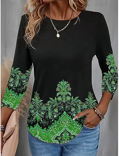  Damen T Shirt Blumen Täglich Basic Langarm Rundhalsausschnitt Normale Oberteile Täglich Wochenende Bedruckt Schwarz Rosa Blau Grün Herbst Winter