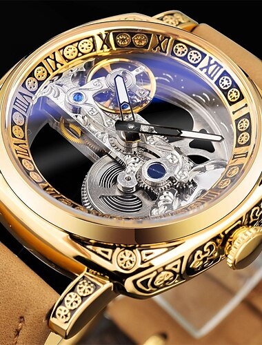  FORSINING Frauen Herren Mechanische Uhr Luxus Großes Zifferblatt Fashion Business Hohle Skelett Automatik Aufziehende Leuchtende Wasserdichte Lederarmband Uhr