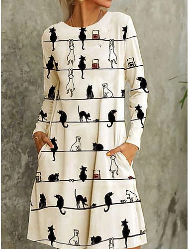  Women's Winter Dress T Shirt Dress Tee Dress Cat Stripe Pocket Print Crew Neck Midi Dress Daily Date Long Sleeve Fall Winter